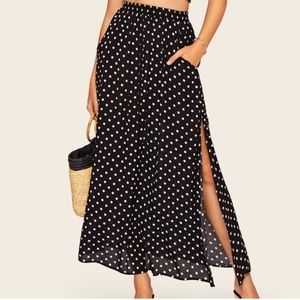 Crepe Polka Dot Maxi Skirt with Slit & Pockets